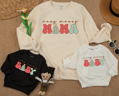 Very Merry Mama and Baby Matching Christmas Sweatshirts, Retro Holiday Family Outfits, Cute Winter Shirts,Red Green Lettering,Vintage Style Sweatshirt Gift