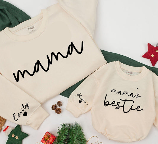Personalized Mama and Mama's Bestie Sweatshirts with Sleeve Name Heart Detail Matching Mom Daughter Son Outfit New Mom Gift Mothers Day Minimalist Modern