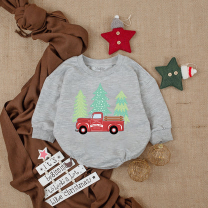 Farm Fresh Christmas Tree Baby Romper Vintage Red Pickup Truck My First Christmas Infant Boy Bodysuit Logs Evergreen Shower Gift