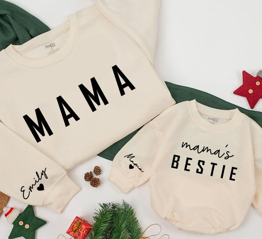 Mama & Me Matching Sweatshirts: Personalized Mom & Daughter Outfit with Emily & Mama Sleeves, Modern Mother's Day Gift, Mama's Bestie Style 139char