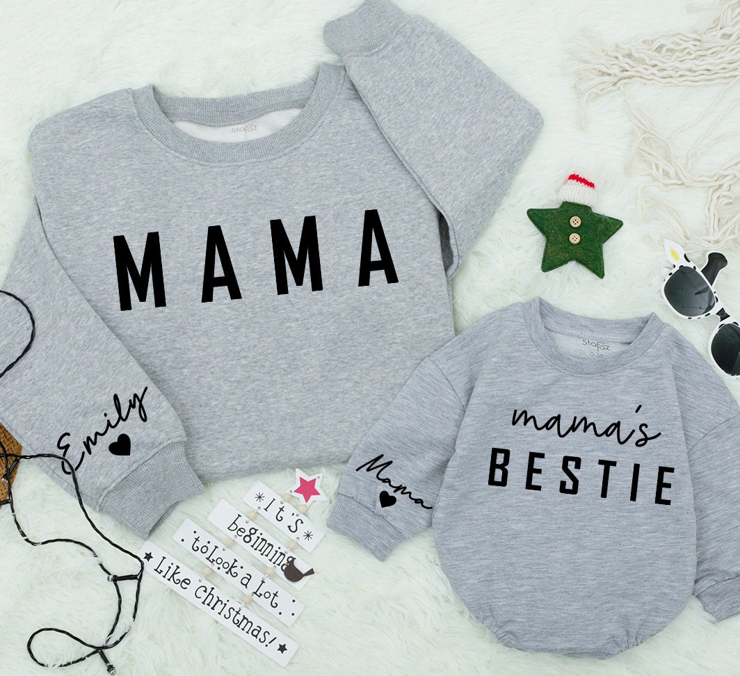 Mama & Me Matching Sweatshirts: Personalized Mom & Daughter Outfit with Emily & Mama Sleeves, Modern Mother's Day Gift, Mama's Bestie Style 139char