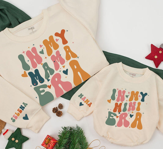 Personalized Mama & Mini Retro Sweatshirt Set, Groovy Family Matching Outfits, In My Era, Baby Romper, Mom & Me Winter Gift