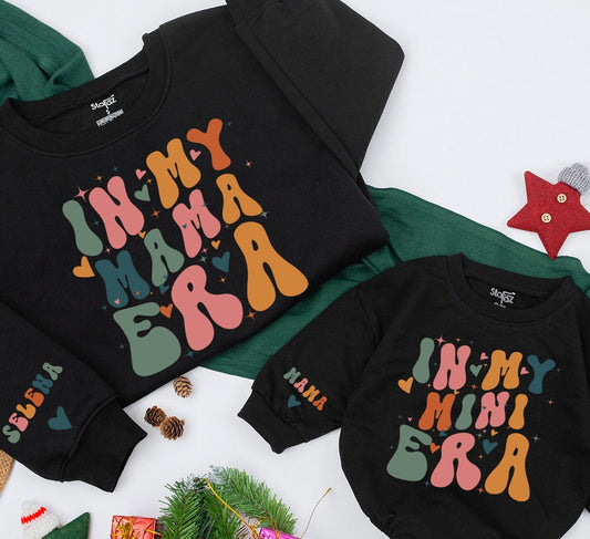 Personalized Mama & Mini Retro Sweatshirt Set, Groovy Family Matching Outfits, In My Era, Baby Romper, Mom & Me Winter Gift