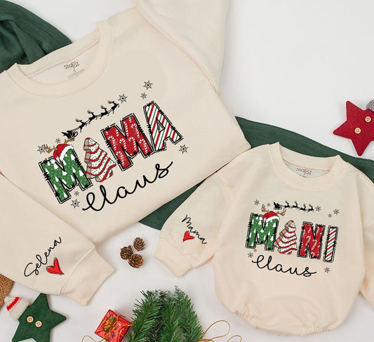 Personalized Mama Mini Gigi Claus Family Christmas Sweatshirt festive candy cane star reindeer sleigh design holiday cozy gift