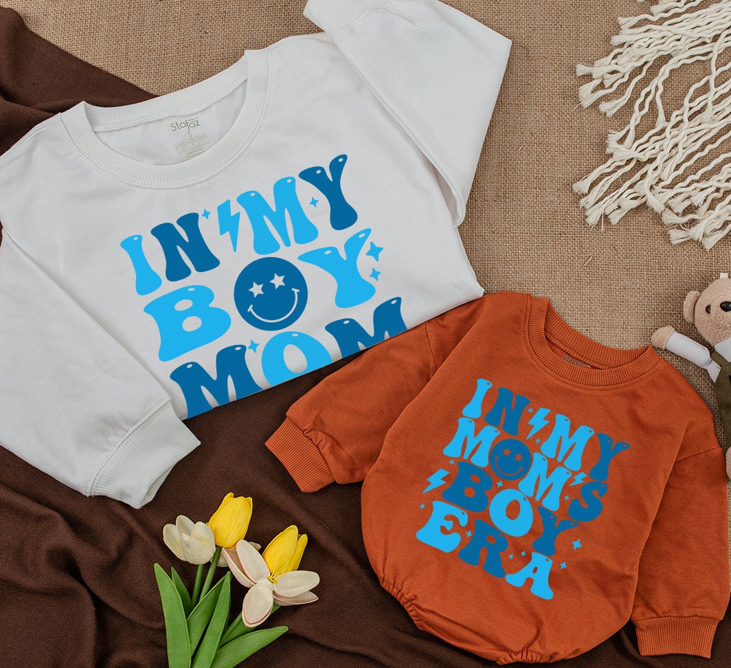 In My Boy Mom Era Sweatshirt Retro Blue Lightning Stars Smiling Face Vintage Mom Life Mama Gift 