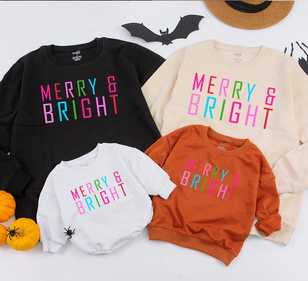 Personalized Mommy and Me Christmas Sweatshirt Merry & Bright Colorful Letters Name on Wrist Mom Daughter Baby Girl Holiday Gift