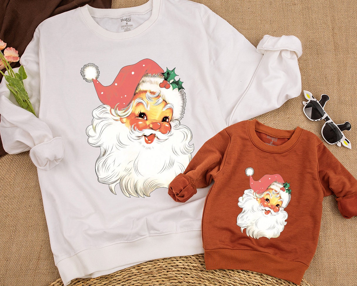 Merry Christmas Santa Face Family Matching Sweatshirt for Babies Kids and Adults Vintage Retro Holiday Winter Apparel Soft Comfortable Gift