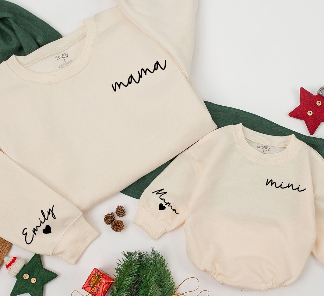 Personalized Mama and Mini Matching Sweatshirts for Family Christmas | Mom & Baby Girl Outfits | Daughter Kid Winter Gift