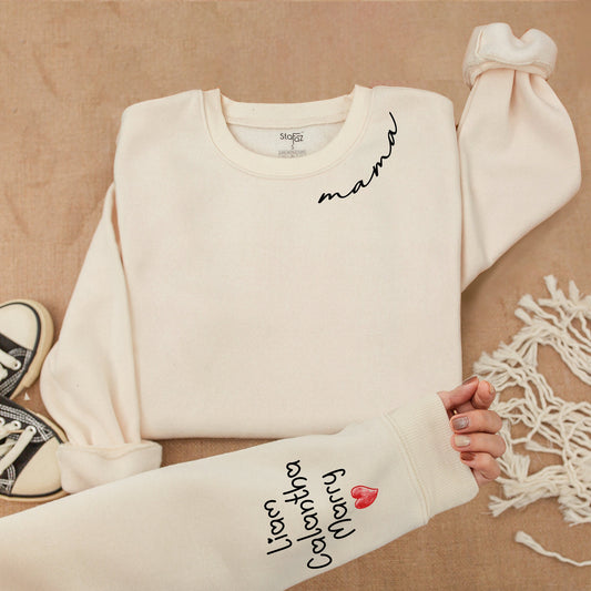 Custom Mama Sweatshirt with Sleeve Names Liam Calantha Marry & Heart Simple Design Soft Comfort Gift for Her