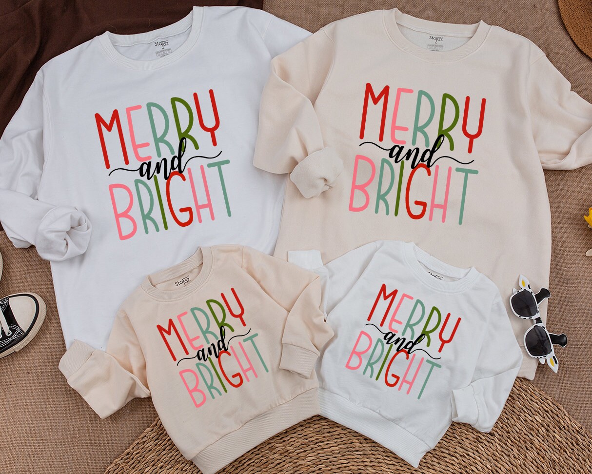 Merry & Bright Retro Sweatshirt: Baby, Toddler & Kids Christmas Gift - Family Matching Holiday Outfit - Red & Green Design