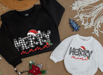 Plaid Merry Mama Christmas Sweatshirt, Cute Matching Family Holiday Sweaters, Holly Berry Accent, Personalized Gift for Mom and Daughter, Festive Outfit 138