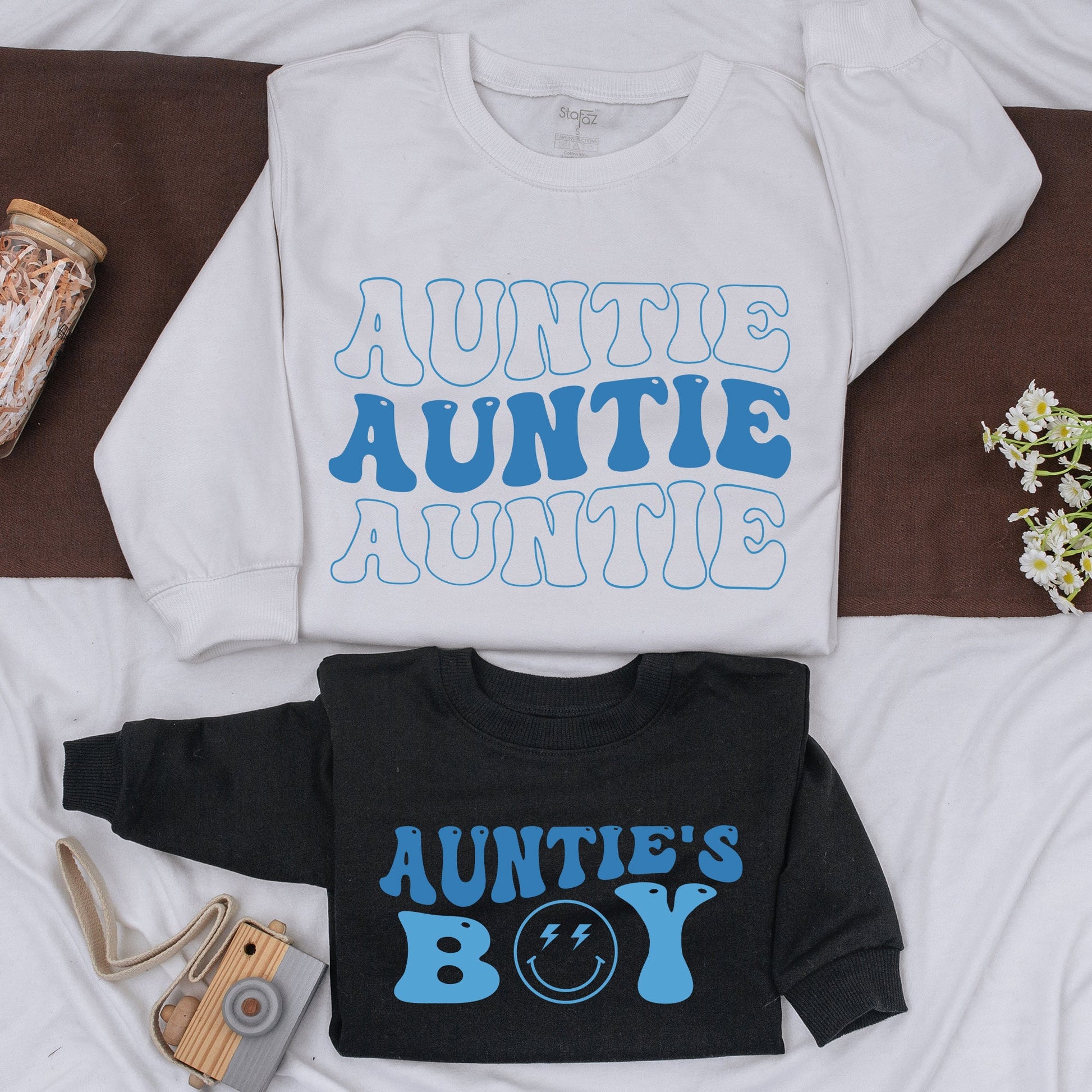 Matching Auntie & Auntie's Boy Blue Retro Shirts, Family Outfit, Baby Romper Gift, Niece & Nephew Kid Shirts