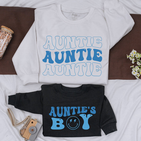 Matching Auntie & Auntie's Boy Blue Retro Shirts, Family Outfit, Baby Romper Gift, Niece & Nephew Kid Shirts