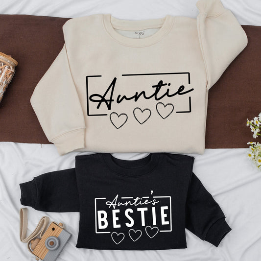 Custom Auntie & Auntie's Bestie Sweatshirt Matching Family Shirt Autumn Outfit Baby Girl Romper Gift Little Man