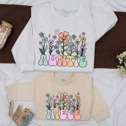 Auntie Niece Matching Sweatshirt Retro Floral Bestie Shirt Whimsical Aunt and Me Outfit Colorful Cartoon Flower Aunt Gift Baby Shower Gift 138