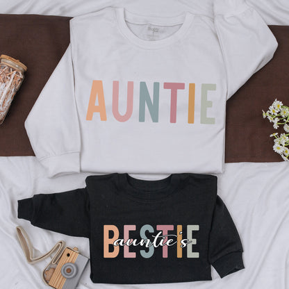 Personalized Auntie & Auntie's Bestie Matching Family Sweatshirt, Cute Xmas Gift for Niece & Baby Romper, Custom Auntie and Me Outfit