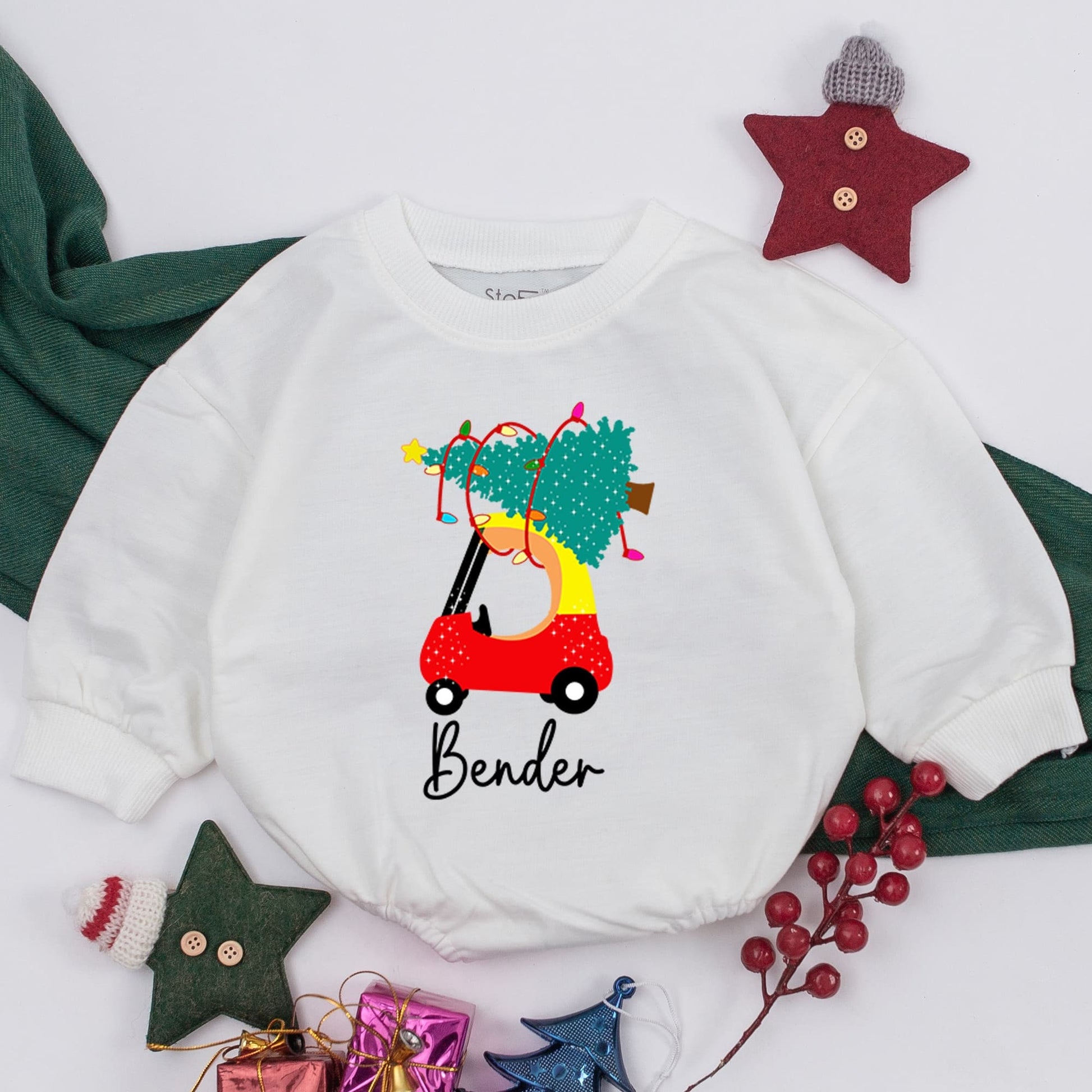 Personalized Red Car Christmas Baby Romper Outfit, Christmas Baby Girl Boy Infant Clothes, 1st Christmas Gift, Retro Santa Baby Romper