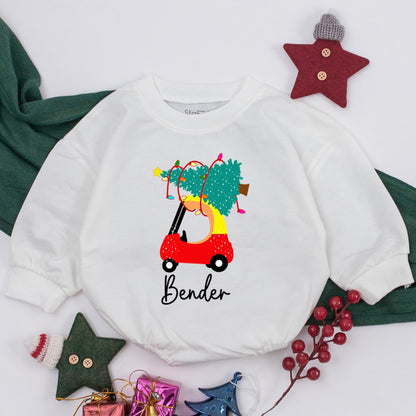 Personalized Red Car Christmas Baby Romper Outfit, Christmas Baby Girl Boy Infant Clothes, 1st Christmas Gift, Retro Santa Baby Romper