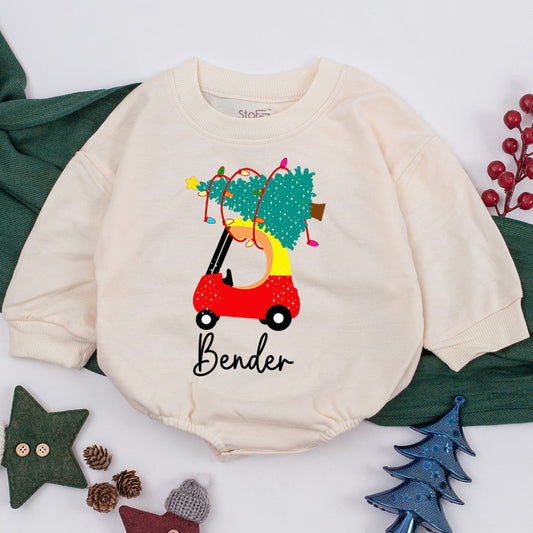 Personalized Red Car Christmas Baby Romper Outfit, Christmas Baby Girl Boy Infant Clothes, 1st Christmas Gift, Retro Santa Baby Romper