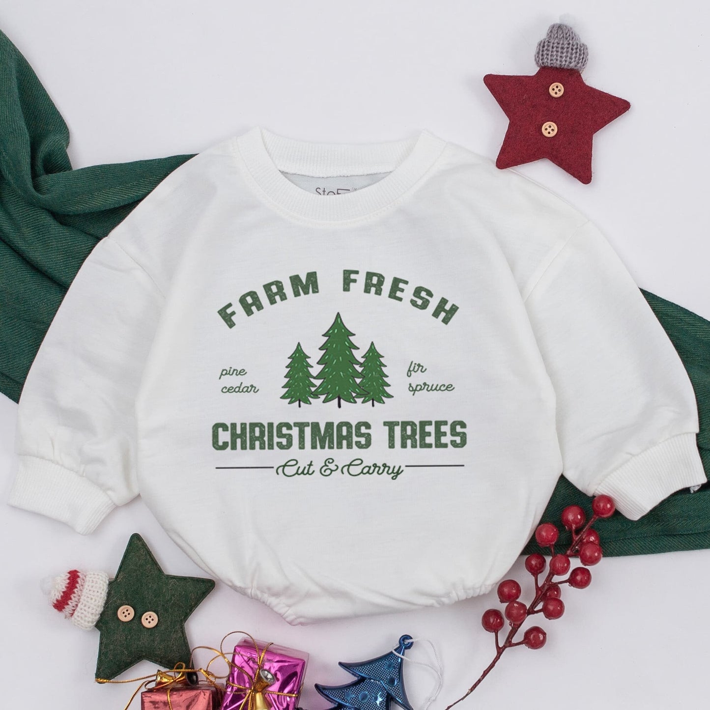 Farm Fresh Christmas Trees Baby Romper Holiday Outfit Vintage Evergreen Infant Clothes Pine Cedar Fir Spruce Cut & Carry Design First Christmas Gift Baby Shower