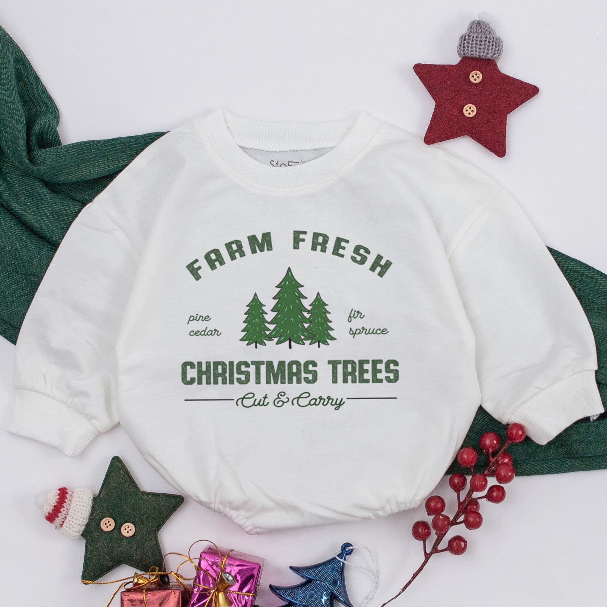 Farm Fresh Christmas Trees Baby Romper Holiday Outfit Vintage Evergreen Infant Clothes Pine Cedar Fir Spruce Cut & Carry Design First Christmas Gift Baby Shower