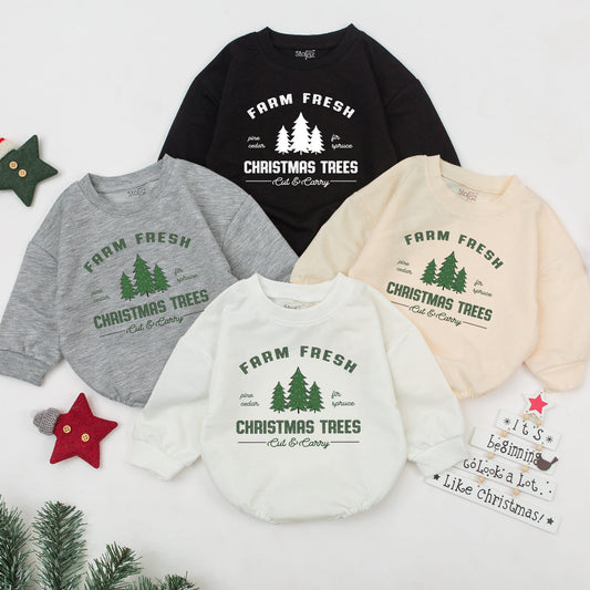 Farm Fresh Christmas Trees Baby Romper Holiday Outfit Vintage Evergreen Infant Clothes Pine Cedar Fir Spruce Cut & Carry Design First Christmas Gift Baby Shower