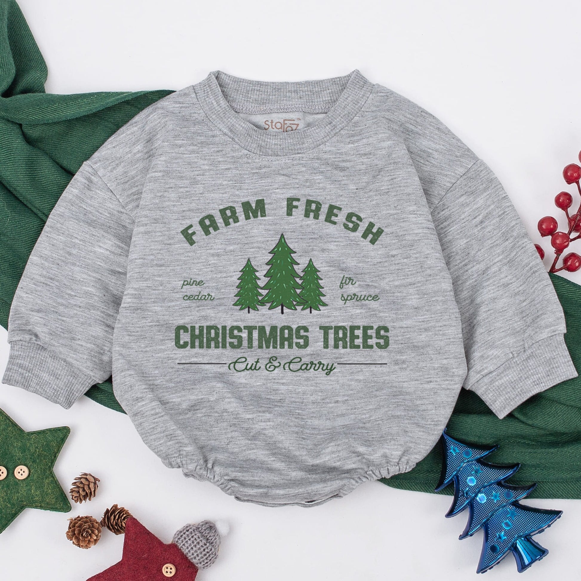 Farm Fresh Christmas Trees Baby Romper Holiday Outfit Vintage Evergreen Infant Clothes Pine Cedar Fir Spruce Cut & Carry Design First Christmas Gift Baby Shower