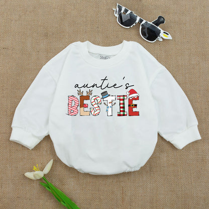 Auntie's Bestie Christmas Baby Romper Festive Holiday Bodysuit Newborn Girl Cozy Long Sleeve Outfit with Playful Patterned Letters