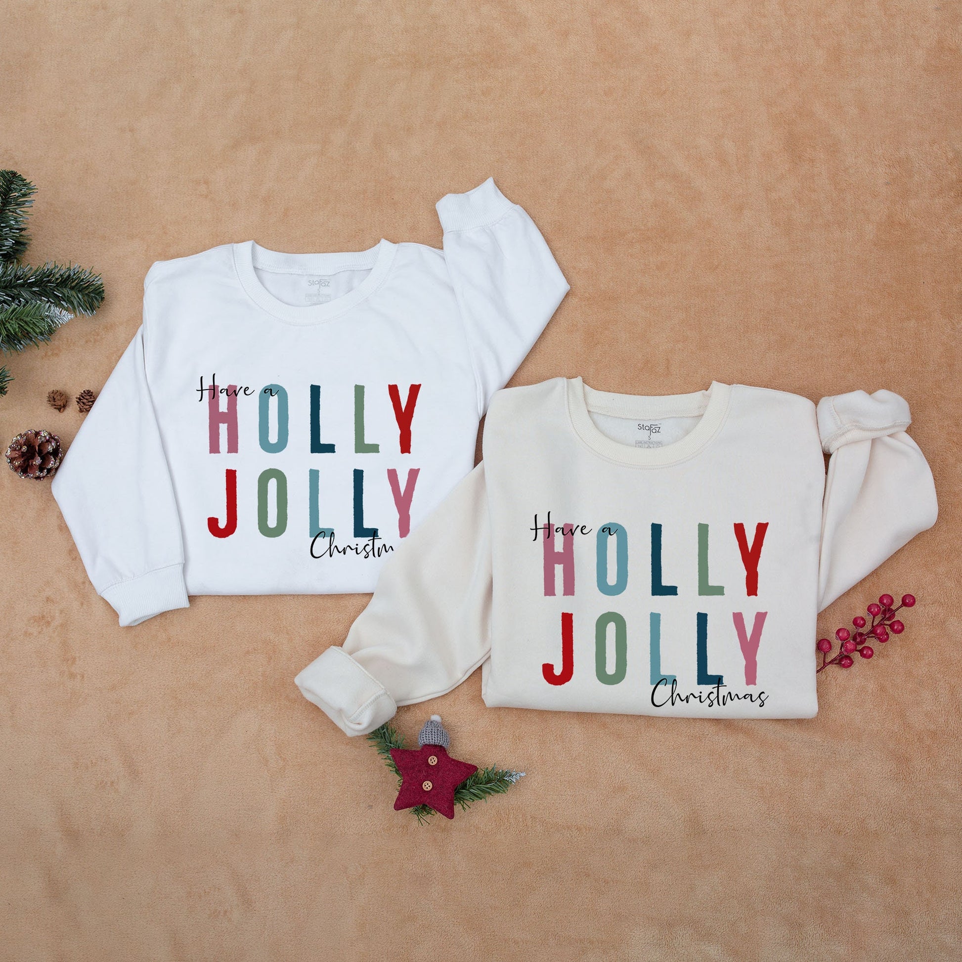 Holly Jolly Christmas Sweatshirt with Bold Colorful Red Green Blue Letters Womens Holiday Party Crewneck Festive Xmas Gift Idea