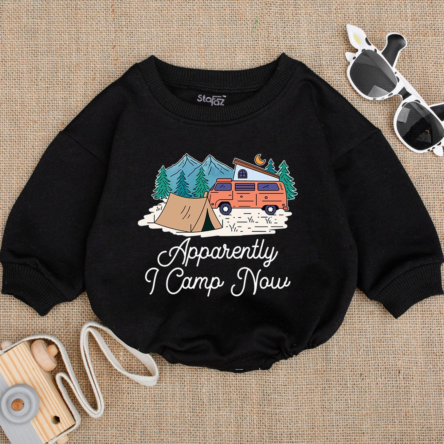 Apparently I Camp Now Baby Bodysuit Cute Camping Infant Romper Whimsical Outdoor Adventure Mountain & Camper Van Design Happy Little Adventurer Gift