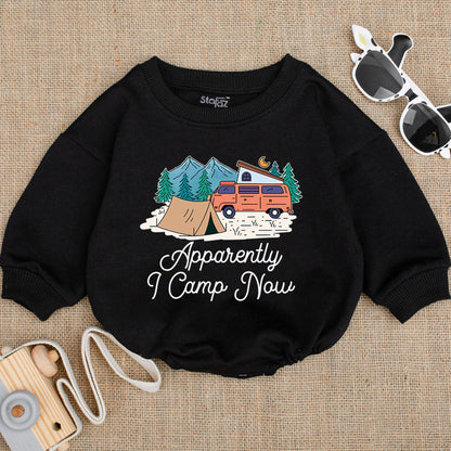 Apparently I Camp Now Baby Bodysuit Cute Camping Infant Romper Whimsical Outdoor Adventure Mountain & Camper Van Design Happy Little Adventurer Gift