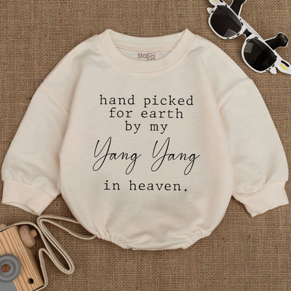 Hand Picked for Earth by My Grandma in Heaven Baby Romper Sentimental Newborn Announcement Outfit Baby Shower Gift Soft Cotton Minimalist Design