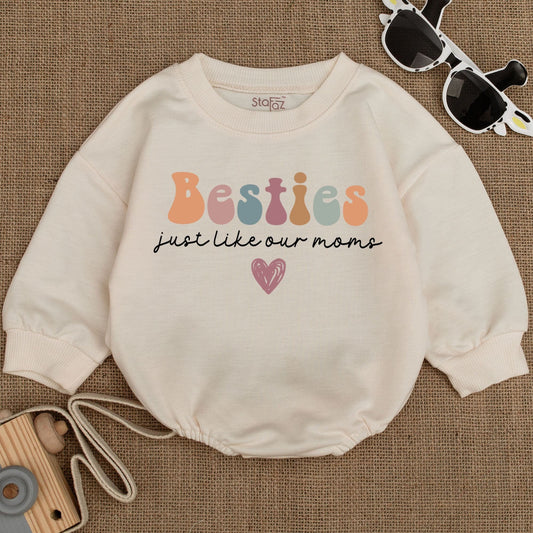 Besties Just Like Our Moms Matching Baby Romper Newborn Girl Cotton Bodysuit Cute Best Friends Outfit Baby Shower Gift Idea Retro Design