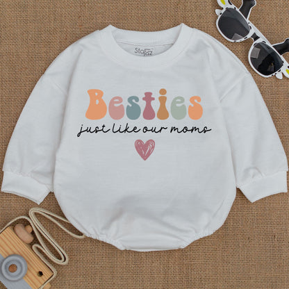 Besties Just Like Our Moms Matching Baby Romper Newborn Girl Cotton Bodysuit Cute Best Friends Outfit Baby Shower Gift Idea Retro Design