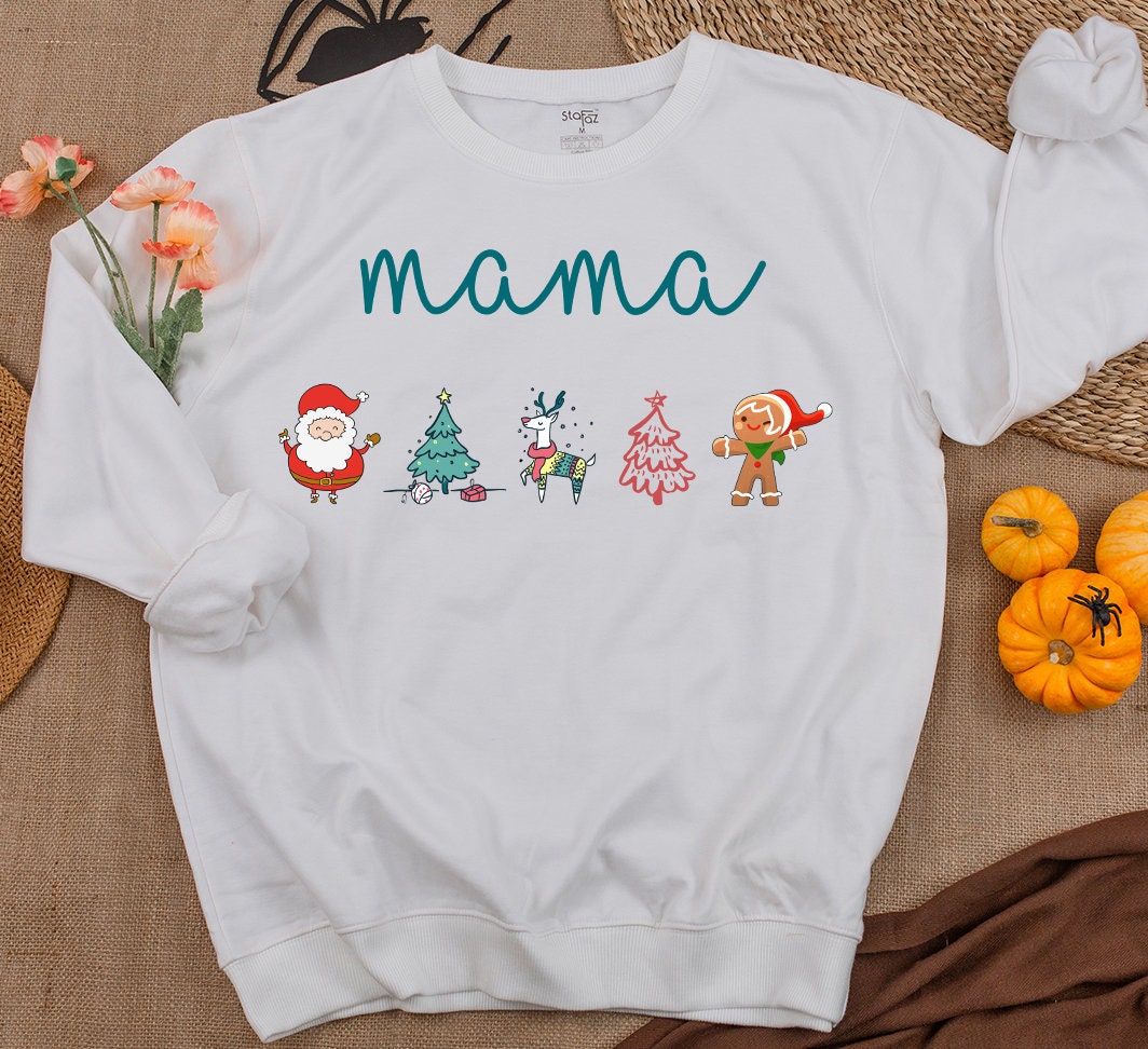 Mama and Mini Christmas Matching Sweatshirt Set Cute Whimsical Mom Baby Daughter Holiday Family Outfit Playful Characters Teal Hand-Lettered