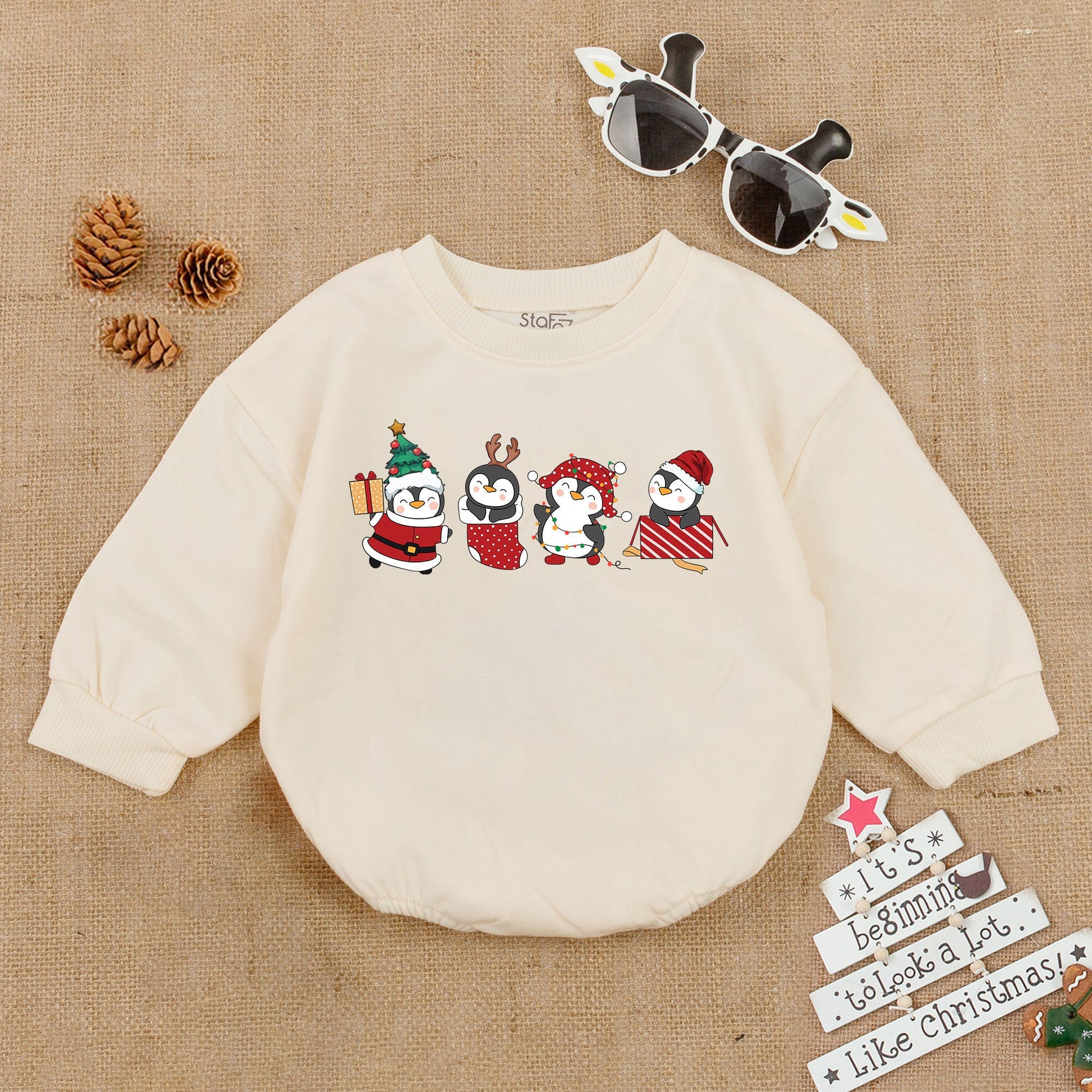 Festive Christmas Baby Boy Bubble Romper with Cute Cartoon Penguins in Holiday Attire Santa Reindeer Bodysuit Outfit