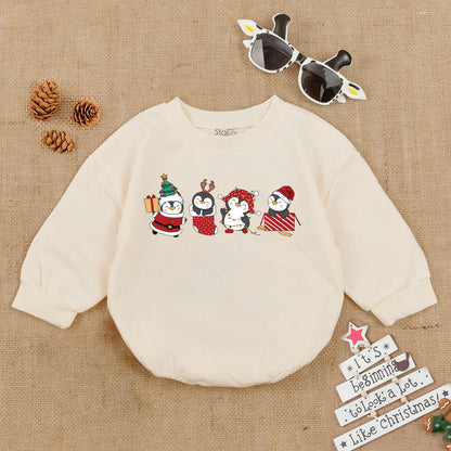 Festive Christmas Baby Boy Bubble Romper with Cute Cartoon Penguins in Holiday Attire Santa Reindeer Bodysuit Outfit