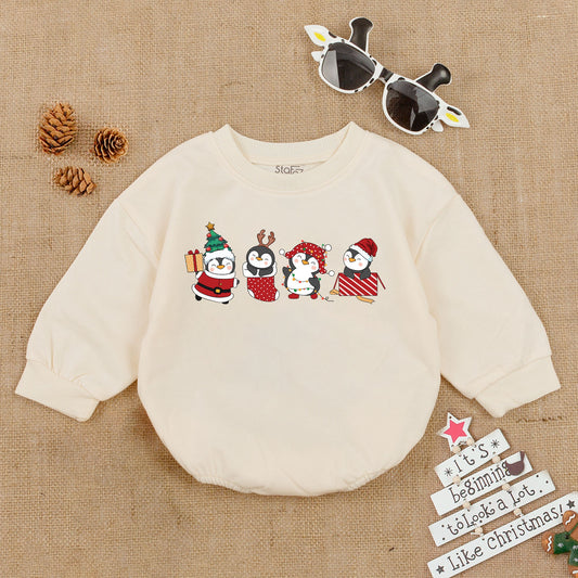 Festive Christmas Baby Boy Bubble Romper with Cute Cartoon Penguins in Holiday Attire Santa Reindeer Bodysuit Outfit