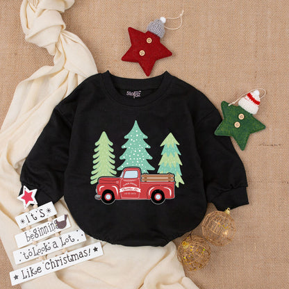 Farm Fresh Christmas Tree Baby Romper Vintage Red Pickup Truck My First Christmas Infant Boy Bodysuit Logs Evergreen Shower Gift