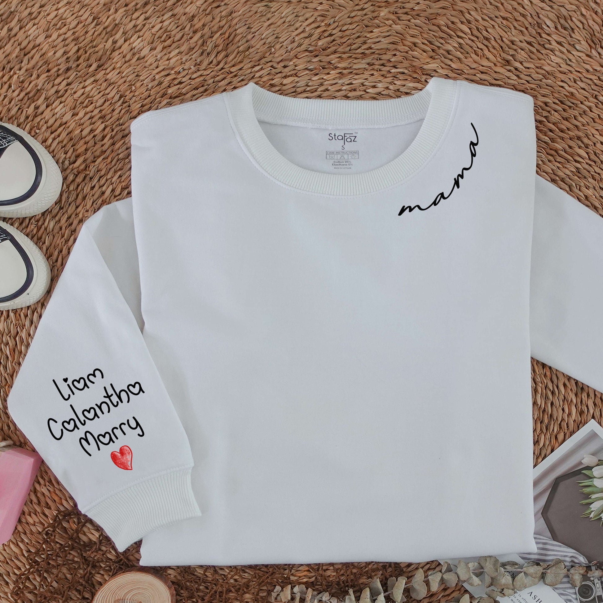 Custom Mama Sweatshirt with Sleeve Names Liam Calantha Marry & Heart Simple Design Soft Comfort Gift for Her