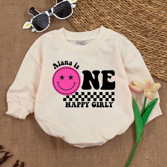 One Happy Birthday Girl Bodysuit with Smiley Face Daisy Design | First Birthday Outfit Baby Girl Romper Party Celebration