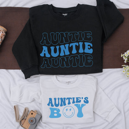 Matching Auntie & Auntie's Boy Blue Retro Shirts, Family Outfit, Baby Romper Gift, Niece & Nephew Kid Shirts