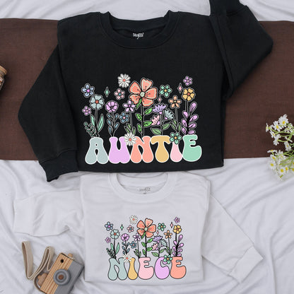 Auntie Niece Matching Sweatshirt Retro Floral Bestie Shirt Whimsical Aunt and Me Outfit Colorful Cartoon Flower Aunt Gift Baby Shower Gift 138