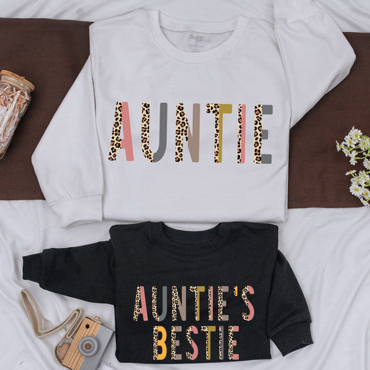 Custom Auntie & Auntie's Bestie Matching Sweatshirt Leopard Print Fall Outfit Baby Girl Romper Gift for Auntie & Niece or Nephew