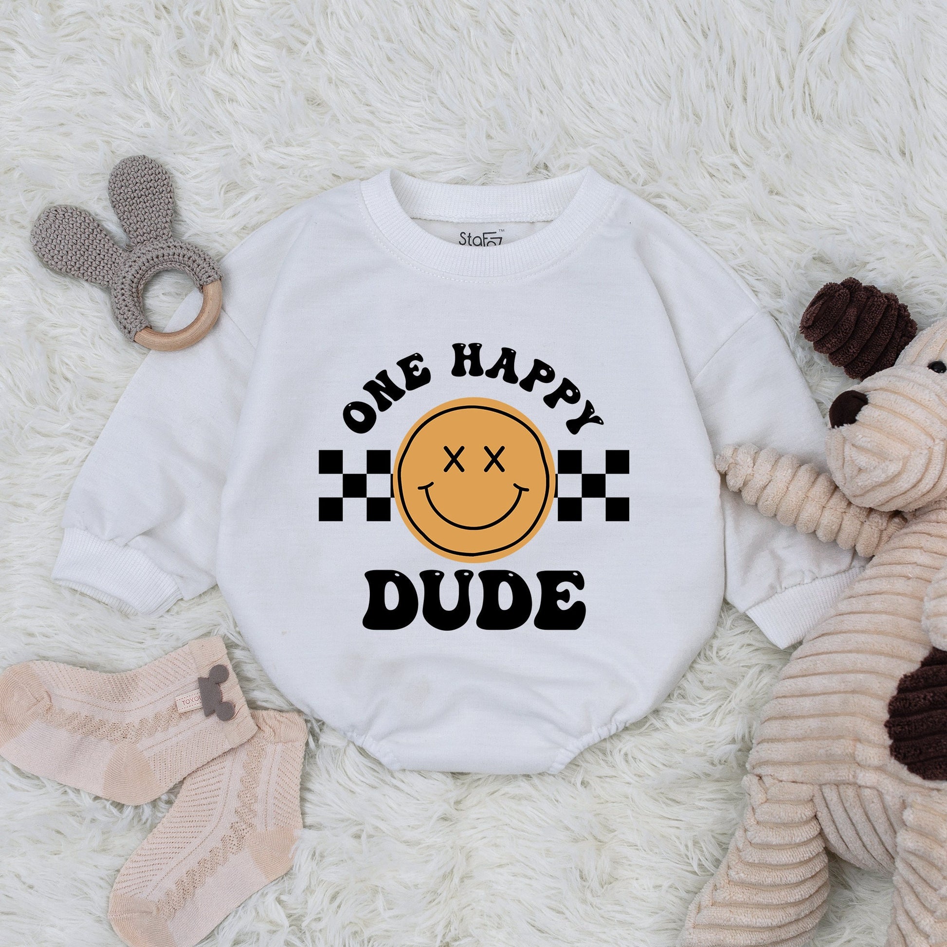 One Happy Dude Retro Smiley Face Birthday Romper Baby Infant Oversized Crewneck Outfit Cute Toddler First Birthday Celebration Gift