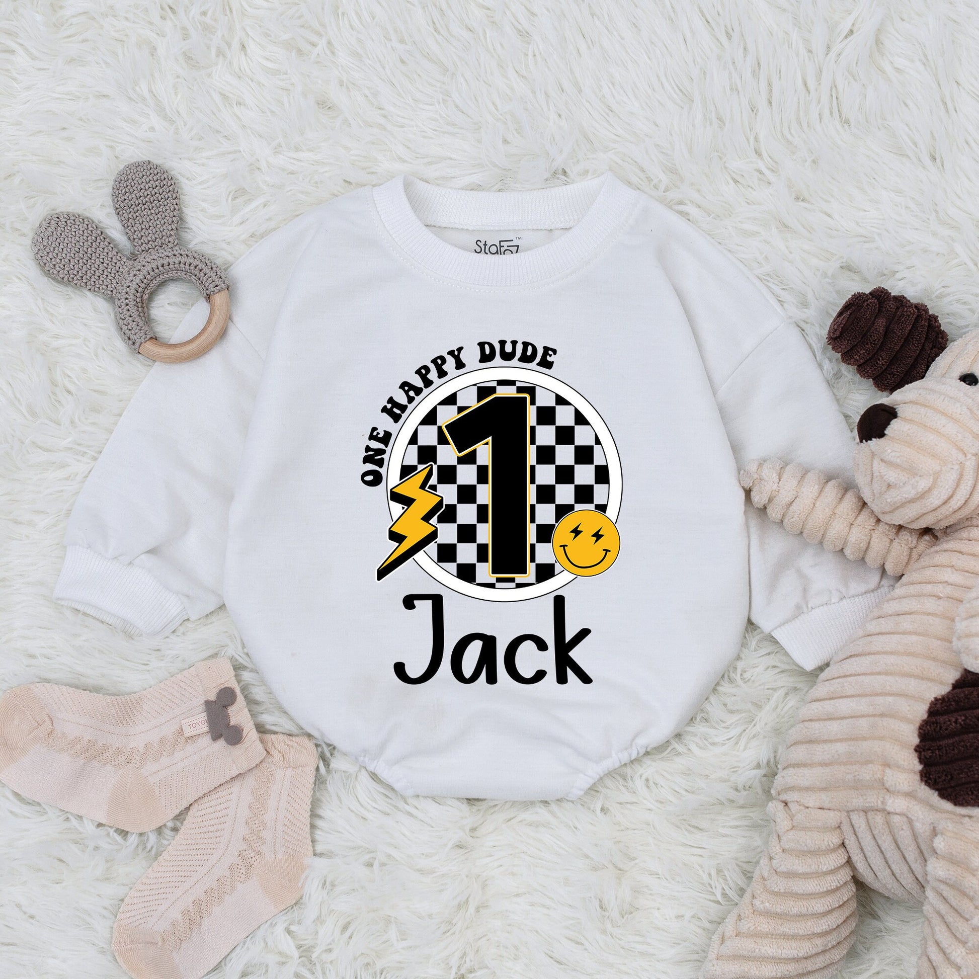 Custom Name One Happy Dude First Birthday Bodysuit Baby Boy Retro Groovy Checkered Smiley Face Outfit Dallas Lightning Bolt Gift