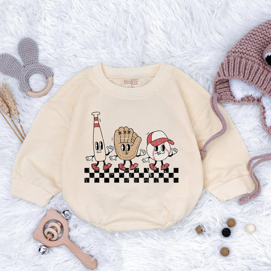 Retro Baseball Cartoon Baby Sweater Game Day Vibes Vintage Boys Baseball Babysuit Sporty Baby Gift