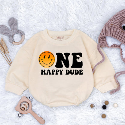 One Happy Dude 1st Birthday Romper Smiley Face Outfit Cool Baby Boy Clothes Family Matching First Birthday Party Gift