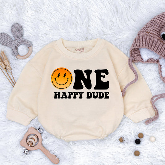 One Happy Dude 1st Birthday Romper Smiley Face Outfit Cool Baby Boy Clothes Family Matching First Birthday Party Gift