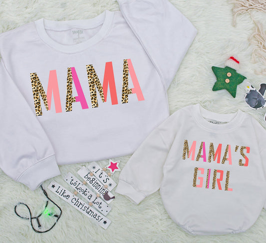 Custom Mama and Mini Leopard Matching Sweatshirts Retro Mom Daughter Outfits Cozy Baby Romper Gift
